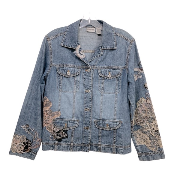 VTG Chico Designer Embroidered Lace Denim Statement Jean Jacket size 0 - Picture 1 of 12
